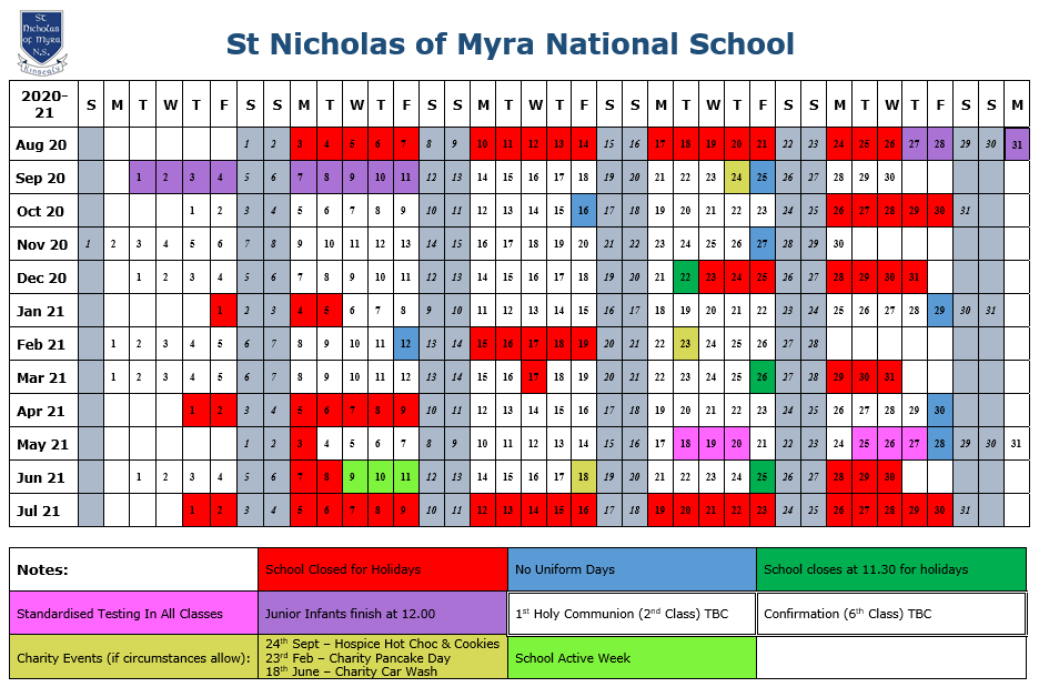 School Calendar St Nicholas of Myra National School